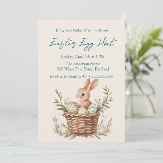 Bunny en eieren in mand beige paaseieren jacht kaart (Staand voorkant)