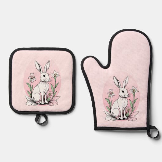 Bunny en lelies ovenwant & pannenlap set (Voorkant)