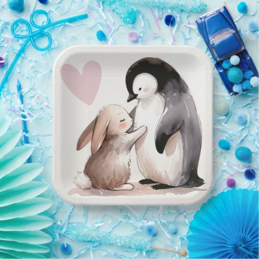 Bunny en Penguin vriendschap Papieren Bordje (Feest)
