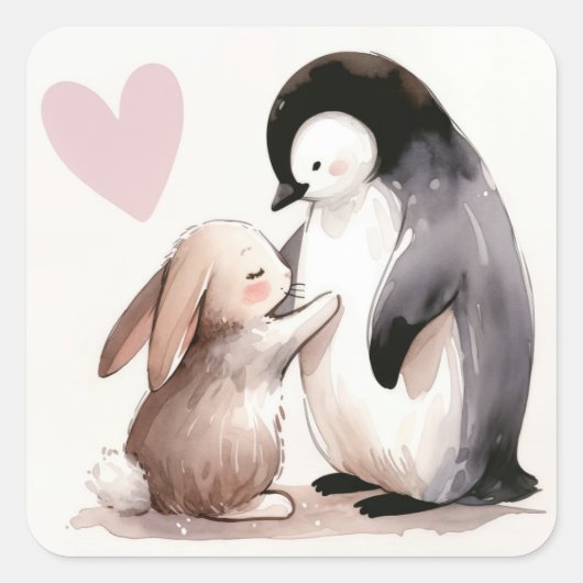 Bunny en Penguin vriendschap Vierkante Sticker (Voorkant)