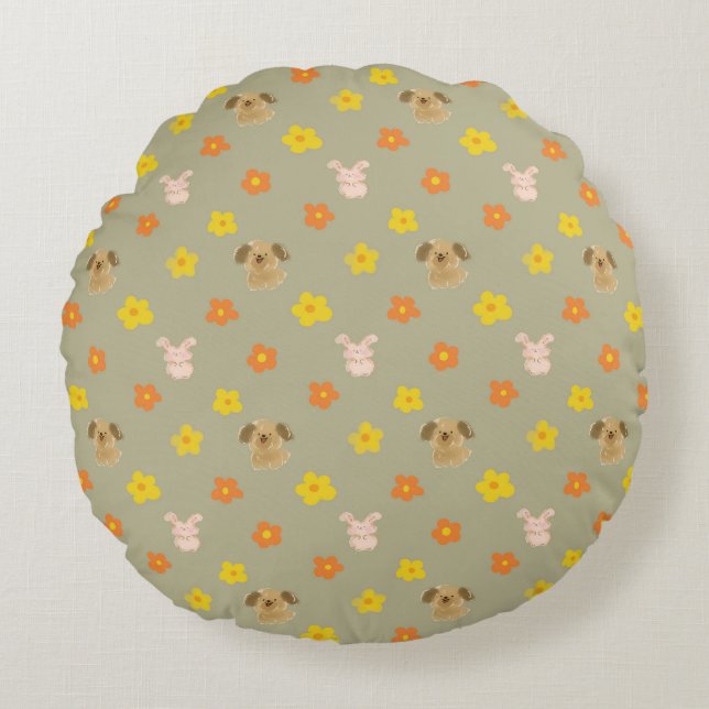 Bunny- en puppypatroon rond kussen (Voorkant)