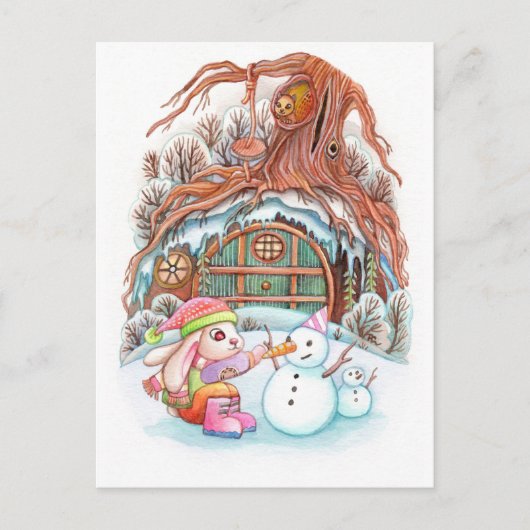 Bunny en Snowman Briefkaart (Voorkant)