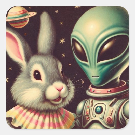 Bunny en Space Alien Retro Kitschy Sci Fi Sticker (Voorkant)