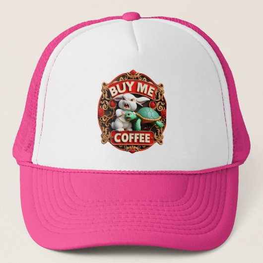 Bunny en Turtle Coffee Quest Koop mij een koffie Trucker Pet (Voorkant)