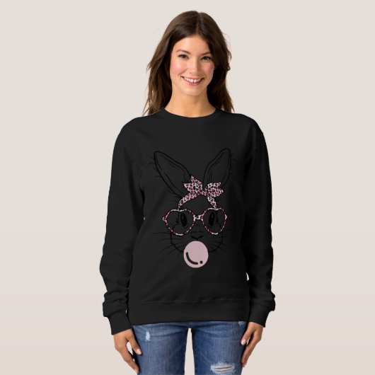 Bunny Face Leopard Glasses Bubble Gum Easter Day Trui (Voorkant volledig)