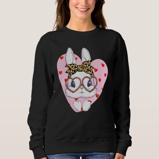 Bunny Face Leopard Glasses Red Heart Happy Pasen Trui (Voorkant)