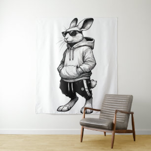 Bunny Face met een zonnebril, een gelukkige paasda Wandkleed