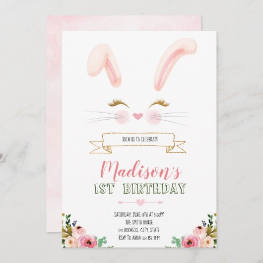 Bunny face verjaardagsuitnodiging kaart (Voorkant / Achterkant)