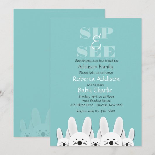 Bunny Family Sip en zie uitnodiging (Voorkant / Achterkant)