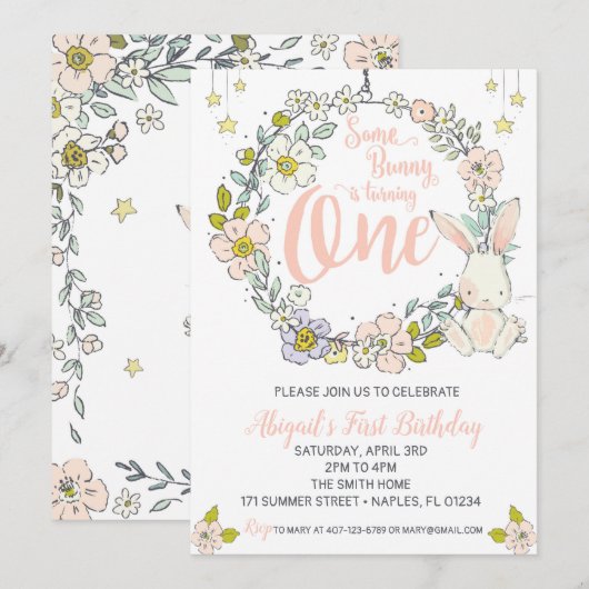 Bunny First Birthday Invitation Kaart (Voorkant / Achterkant)