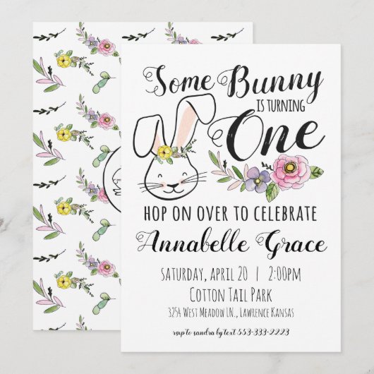Bunny First Birthday Invitation Kaart (Voorkant / Achterkant)