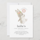 Bunny First Birthday Invitation Pink Balballon Kaart (Voorkant)