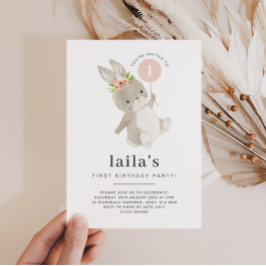 Bunny First Birthday Invitation Pink Balballon Kaart