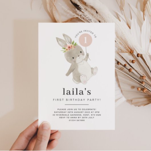 Bunny First Birthday Invitation Pink Balballon Kaart
