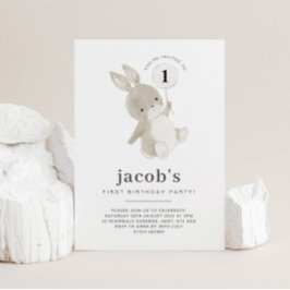 Bunny First Birthday Invitation White ballon Kaart