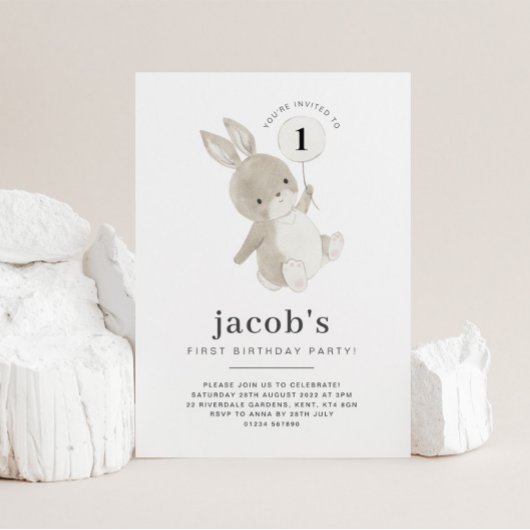 Bunny First Birthday Invitation White ballon Kaart