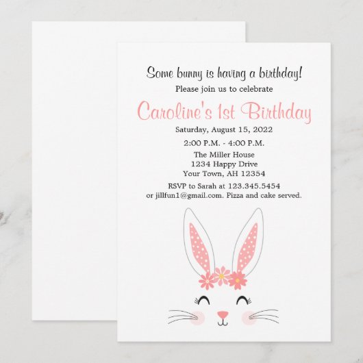 Bunny First Birthday Party Kaart (Voorkant / Achterkant)