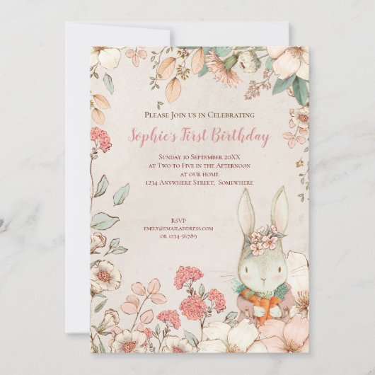  Bunny Floral 1st Birthday Girl Kaart (Voorkant)