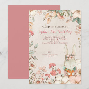  Bunny Floral 1st Birthday Girl Kaart