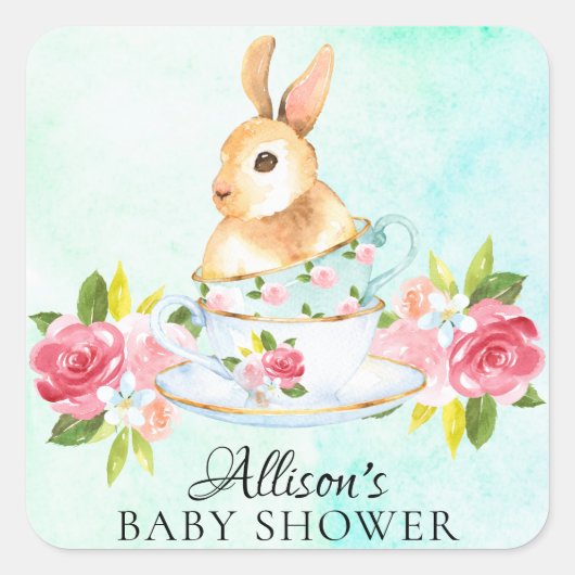 Bunny Floral Baby Tea Party Envelopzegel Vierkante Sticker (Voorkant)