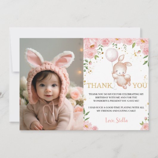 Bunny Floral Ballon Verjaardag Foto Dank u kaart (Voorkant)