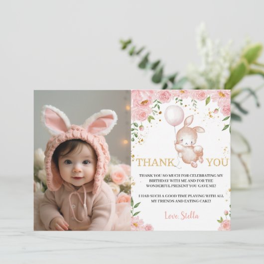 Bunny Floral Ballon Verjaardag Foto Dank u kaart (Staand voorkant)