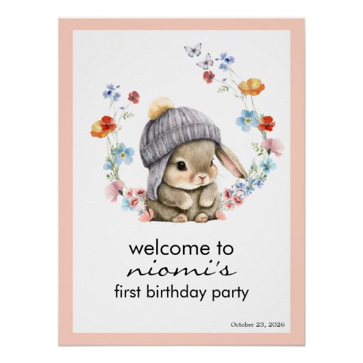 Bunny Floral First Birthday Welcome Sign Perfect Poster (Voorkant)