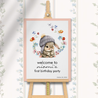 Bunny Floral First Birthday Welcome Sign Perfect Poster