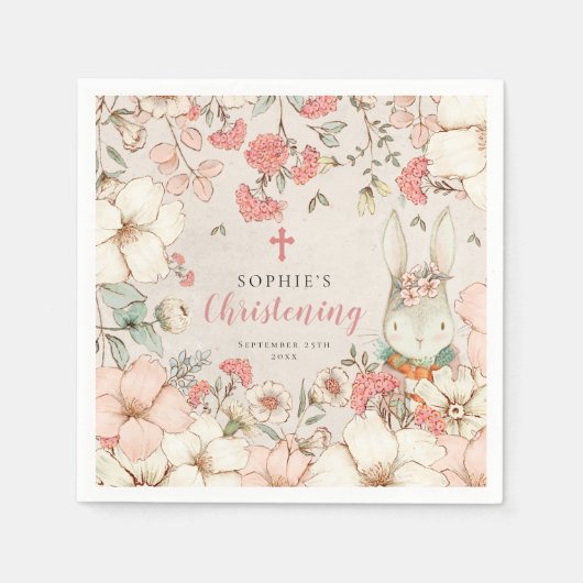 Bunny  Floral Foliage Girl Christening Servet (Voorkant)