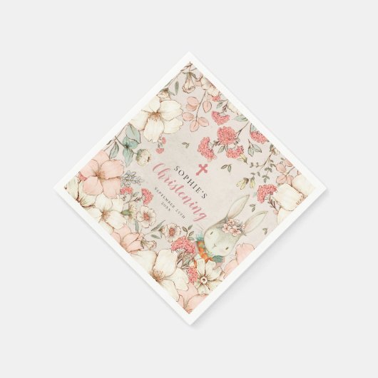 Bunny  Floral Foliage Girl Christening Servet (Hoek)