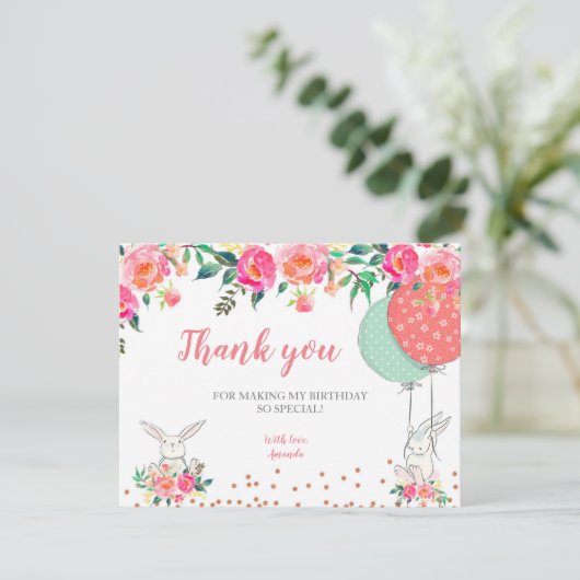 Bunny Floral Hartelijk dank Bedankkaart (Staand voorkant)