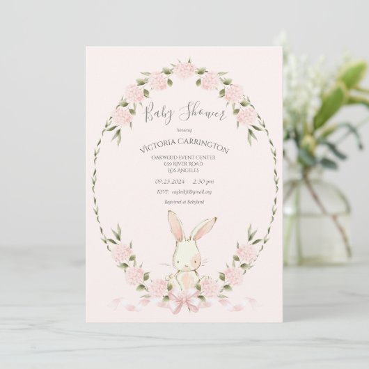 Bunny Floral Hydrangeas Pink Girl Baby Shower Kaart (Staand voorkant)