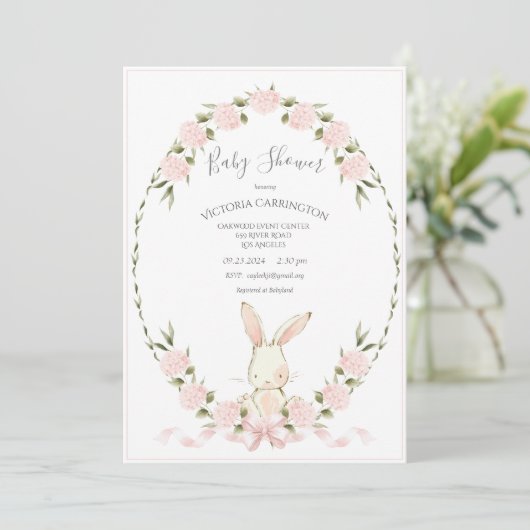 Bunny Floral Hydrangeas Pink Girl Baby Shower Kaart (Staand voorkant)