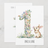 Bunny Floral Watercolor 1e verjaardag Uitnodiging (Voorkant / Achterkant)