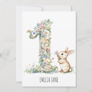 Bunny Floral Watercolor 1e verjaardag Uitnodiging