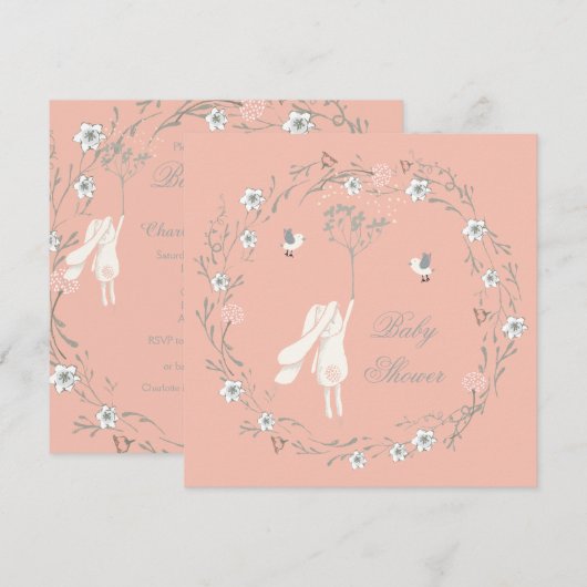 Bunny Floral Wreath Dandelions Baby shower Kaart (Voorkant / Achterkant)