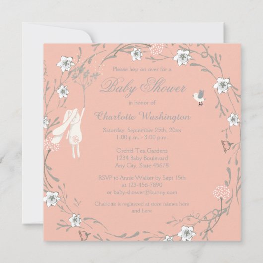 Bunny Floral Wreath Dandelions Baby shower Kaart (Achterkant)