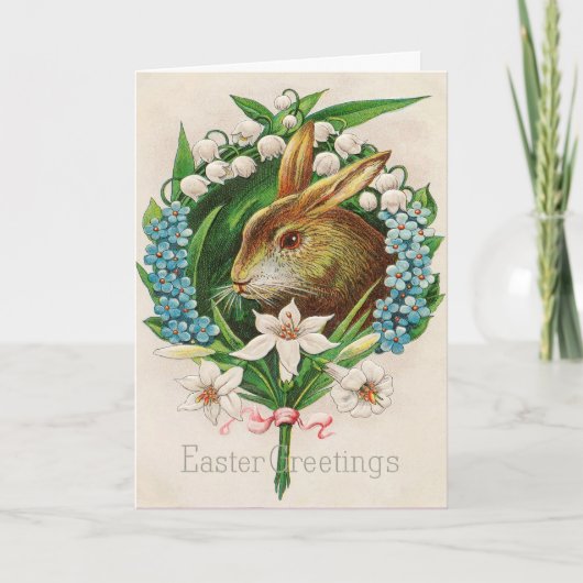  Bunny Floral Wreath Easter Greetings Feestdagen Kaart (Voorkant)