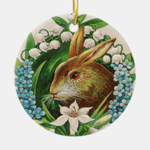 Bunny Floral Wreath Easter Greetings Keramisch Ornament