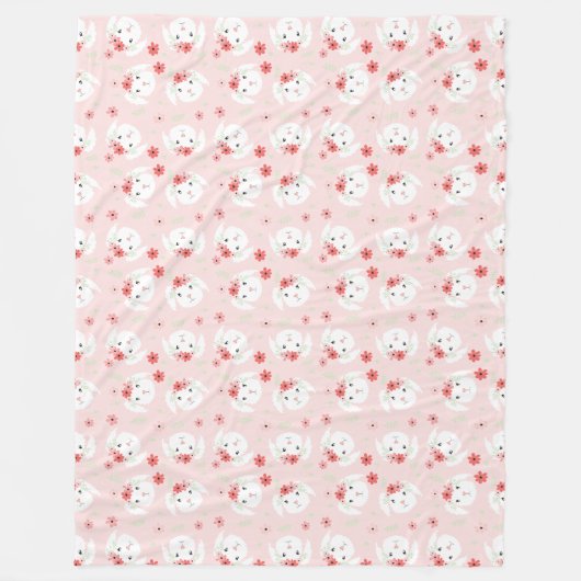 Bunny Flower Crown Pink Fleece Deken (Voorkant)