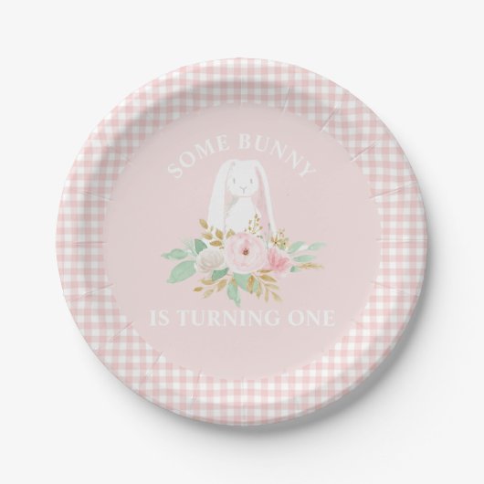 Bunny Flowers en Pink Gingham Birthday Papieren Bordje (Voorkant)