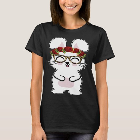 Bunny Flowers Leopard Print Glasses Happy Easter W T-shirt (Voorkant)