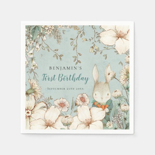 Bunny  Foliage Powder Blue 1st Birthday Servet (Voorkant)