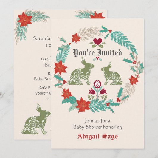 Bunny Folk Art Wreath Winter Neutraal Baby shower Kaart (Voorkant / Achterkant)