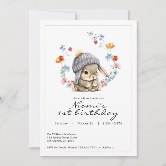 Bunny Garden First Birthday Invitation Kaart (Voorkant)