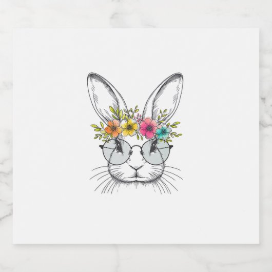 Bunny Gezicht Met Schattigee Paashaas Bloemenbril Sparkling Wijnetiket (Enkel label)