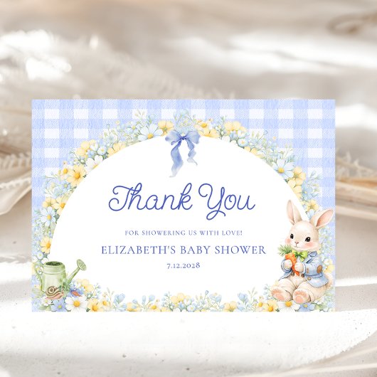 Bunny Gingham Blue Baby Shower Thank You Card Kaart