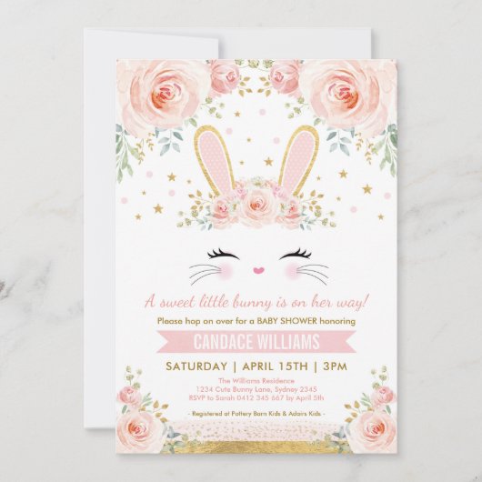  Bunny Girl Baby shower / Blush Gold Rabbit Kaart (Voorkant)