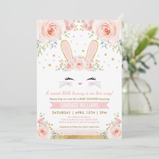  Bunny Girl Baby shower / Blush Gold Rabbit Kaart (Staand voorkant)
