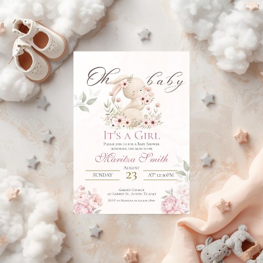 bunny girl baby shower invitation kaart